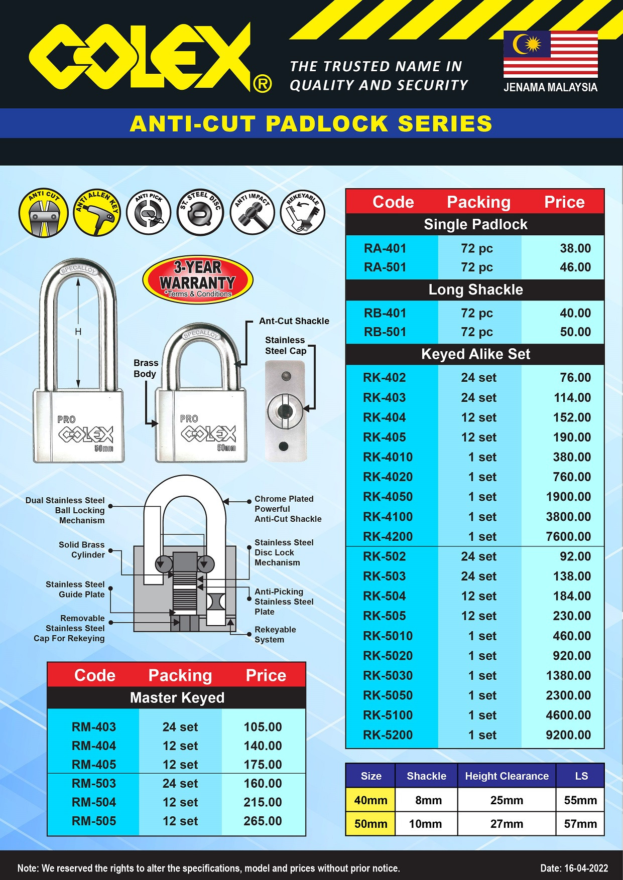 Colex RM-501 Master Keyed Anti Cut Padlock