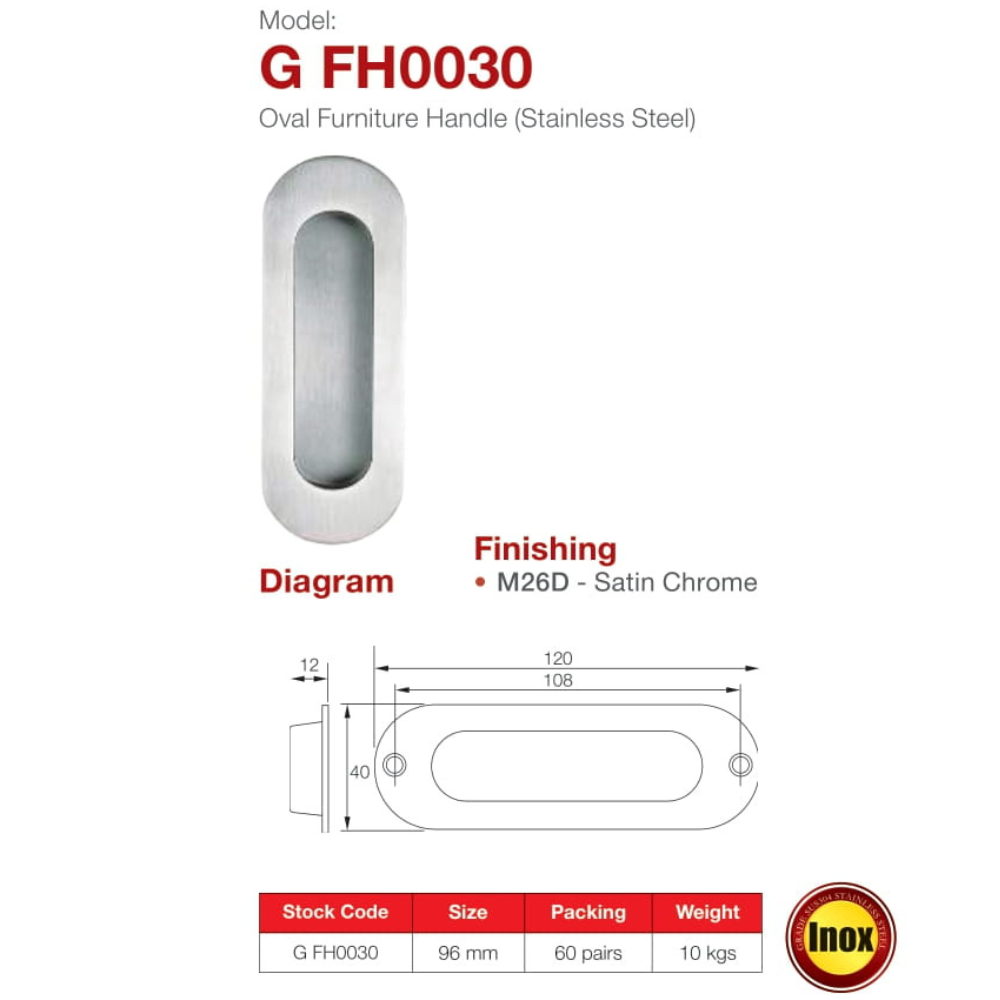 GERE GFH0030 OVAL FURNITURE HANDLE, STAINLESS STEEL