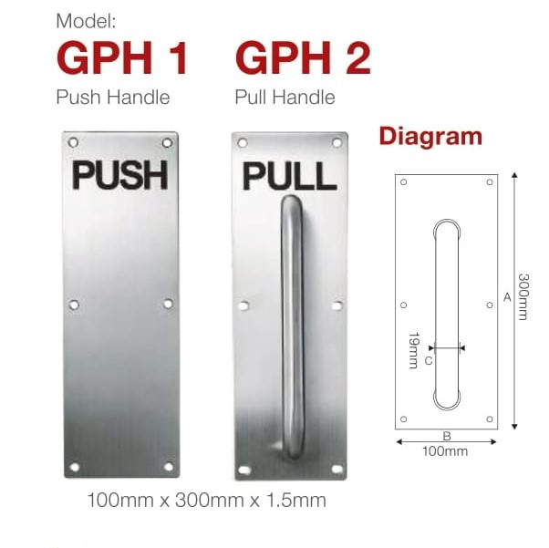 GERE GPH-2 S/S PULL PLATE WITH HANDLE 100X300X1.5MM